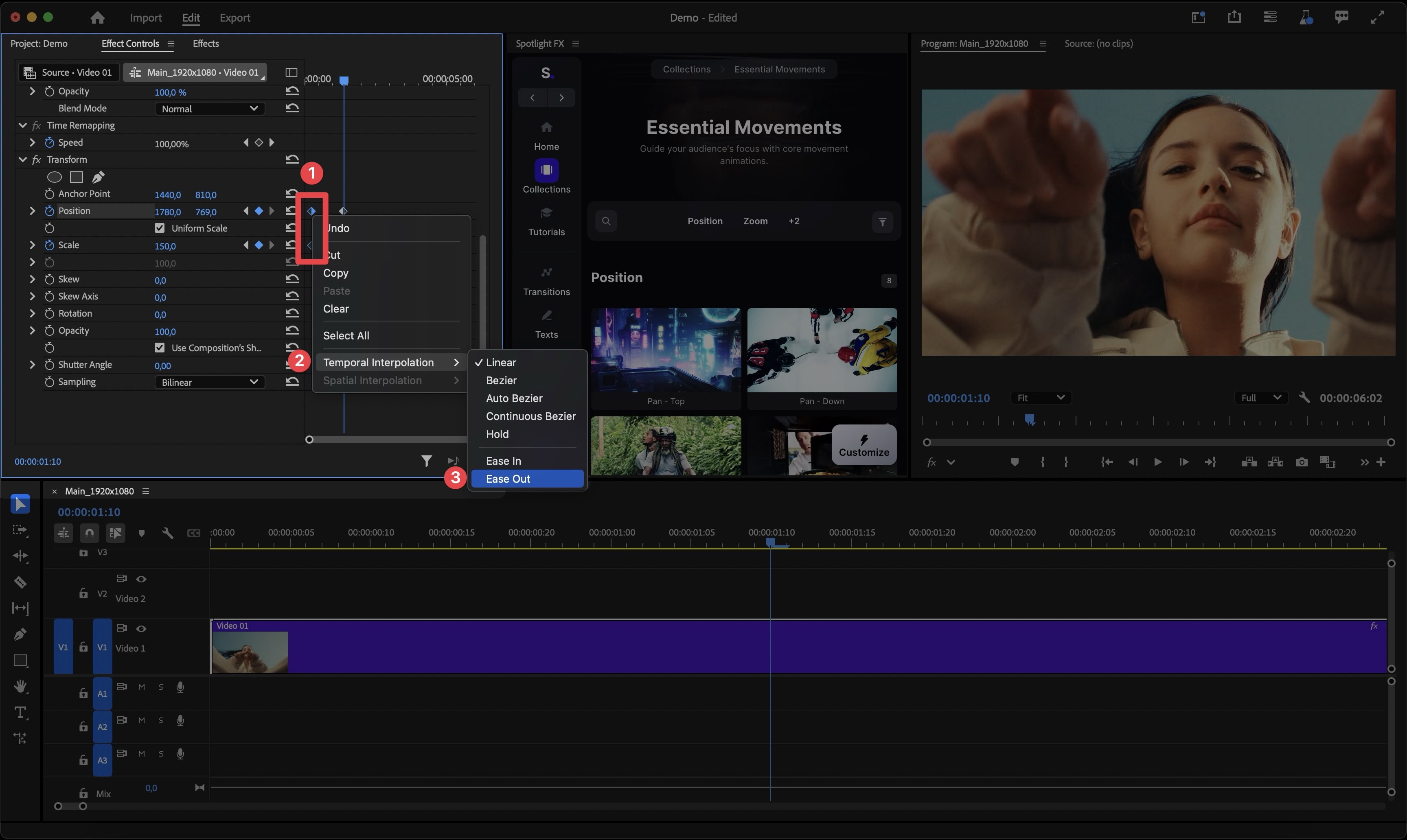 Applying Ease Out and Ease In to keyframes for smoother zoom transitions