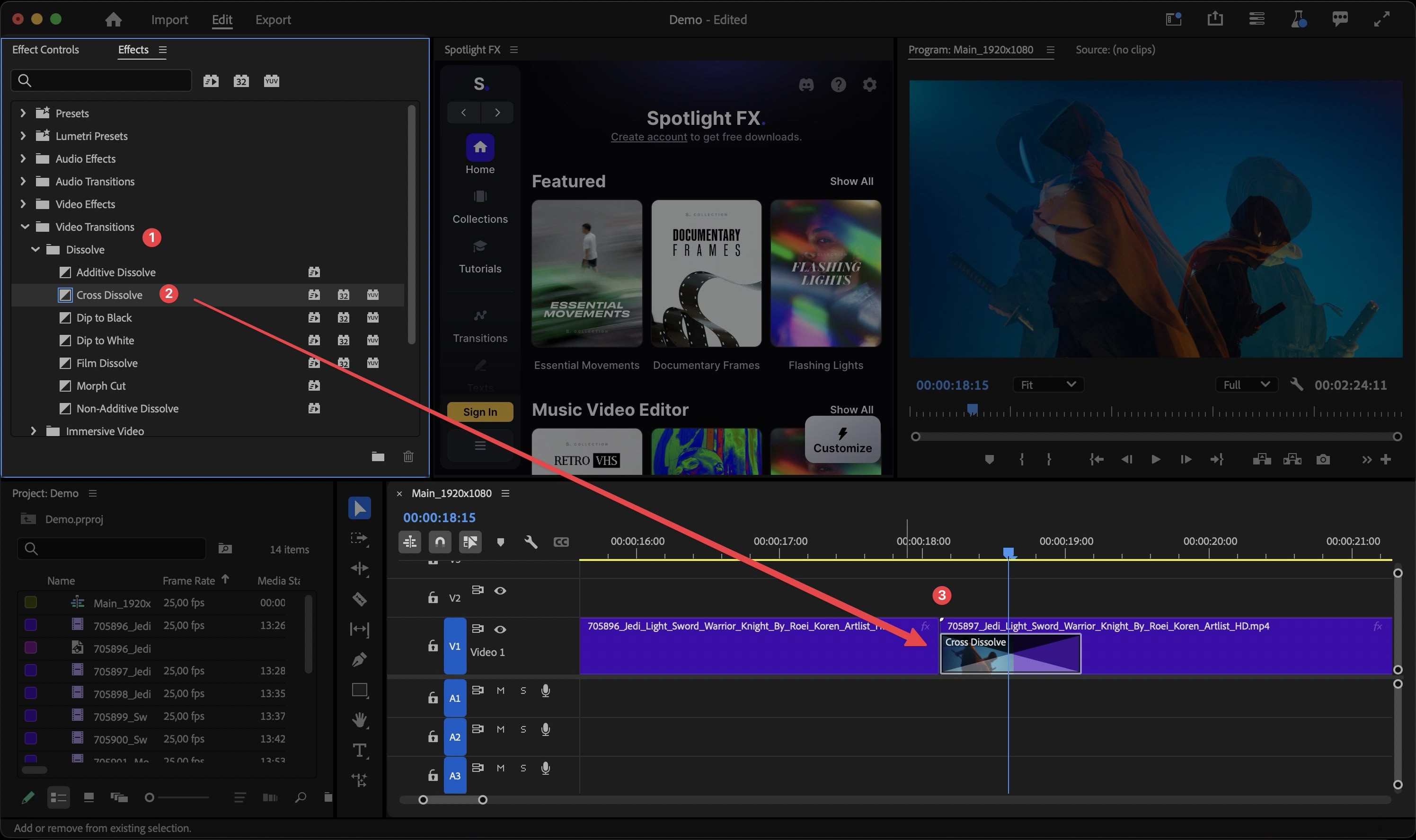 Dragging a transition to the timeline between two clips in Premiere Pro