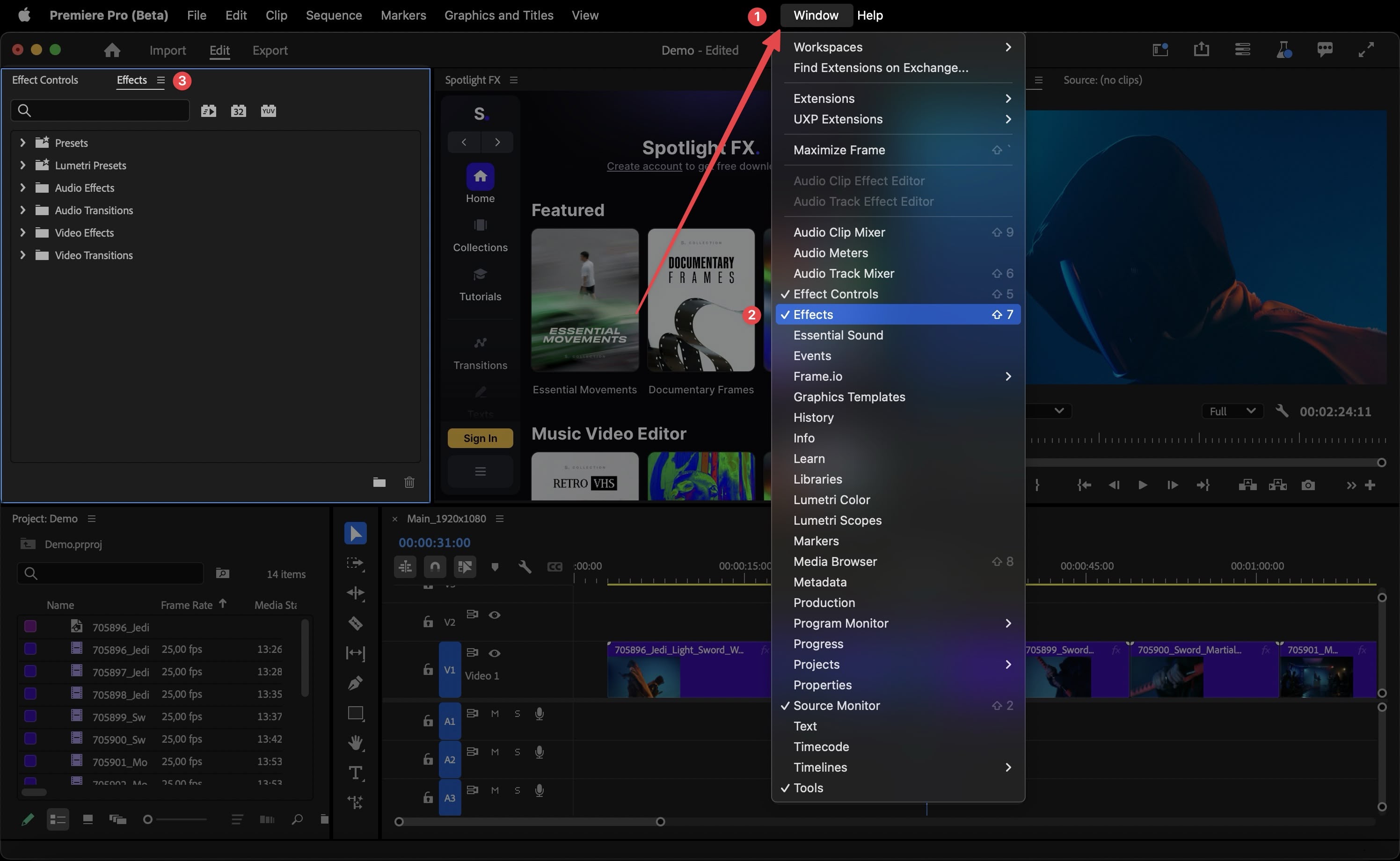 Opening the Effects panel in Premiere Pro