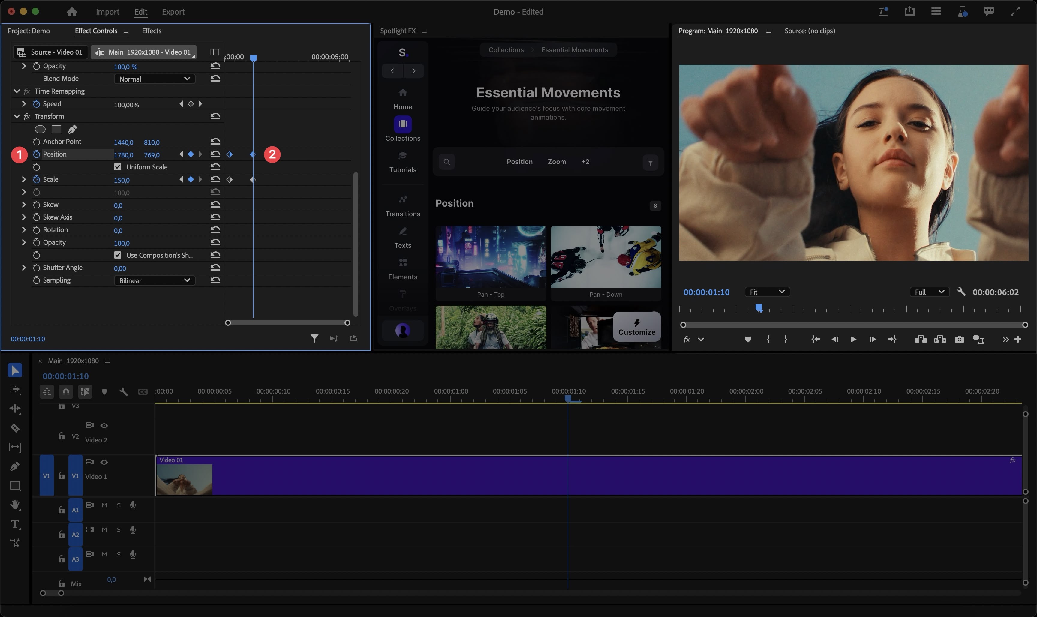 Adjusting Position keyframes in the Transform settings to focus on a specific area of the frame