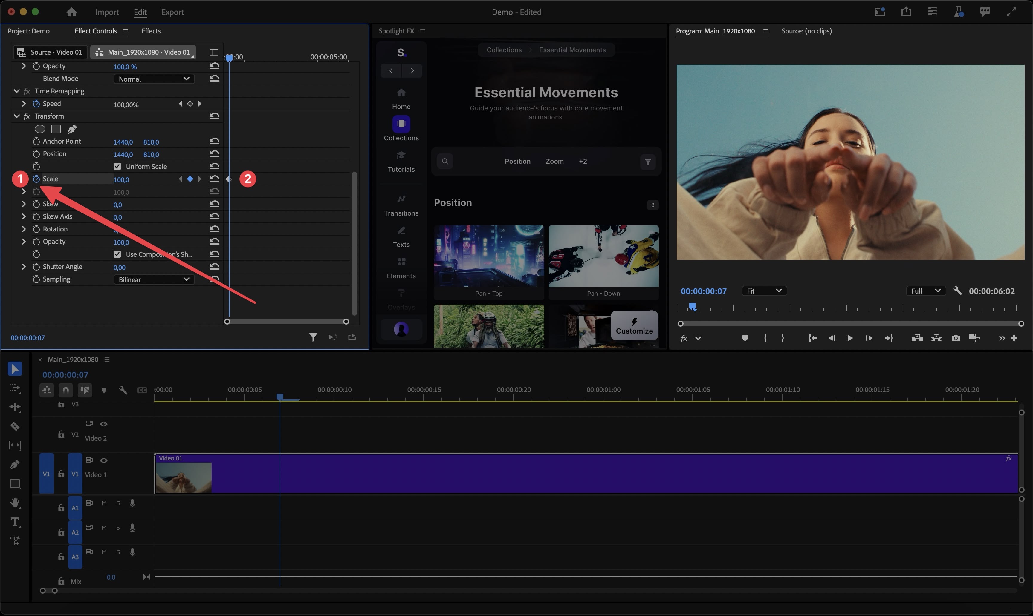 Setting the starting keyframe for zoom effect using the Scale setting under Transform