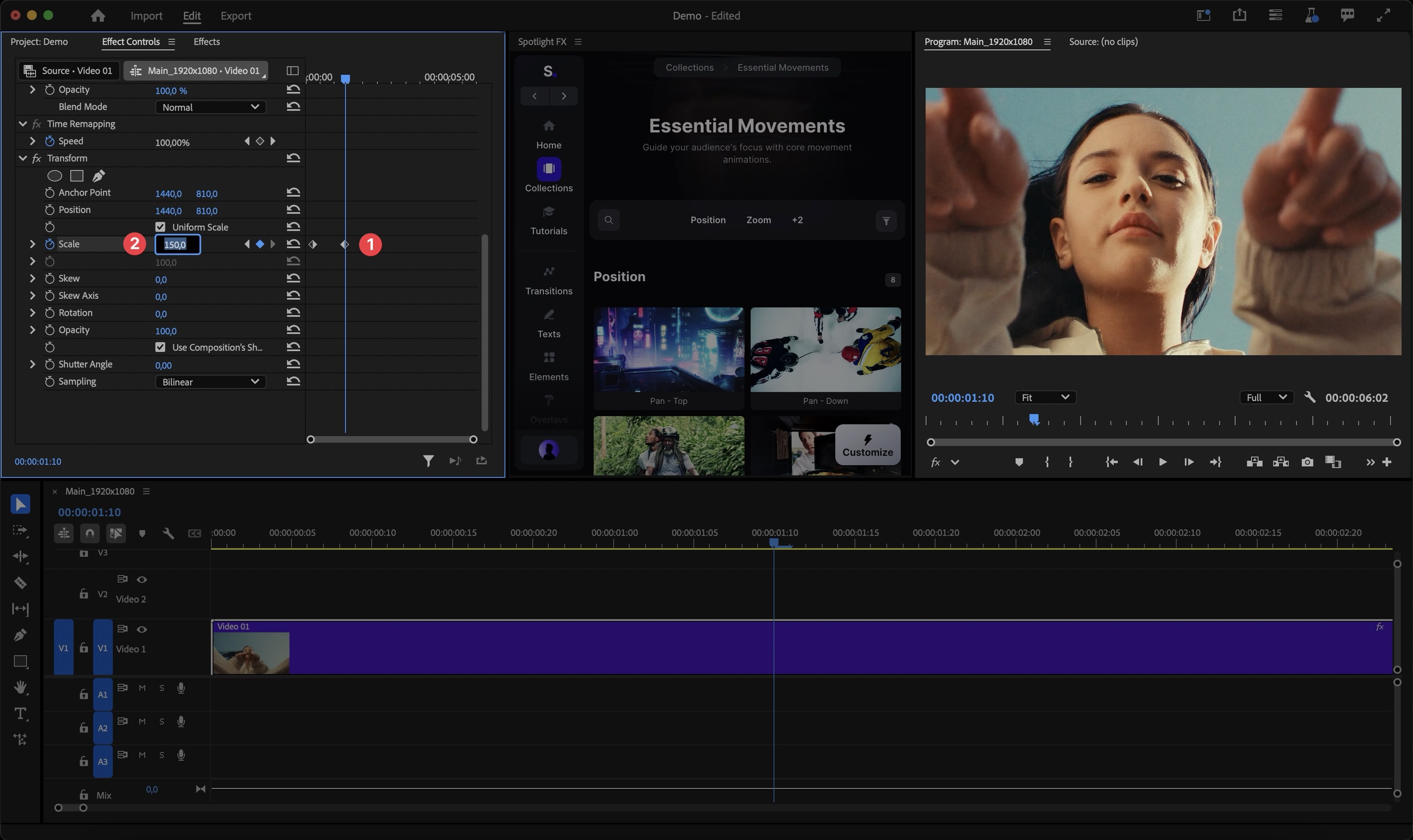 Setting the ending keyframe for the zoom effect by adjusting the Scale to finalize the zoom level